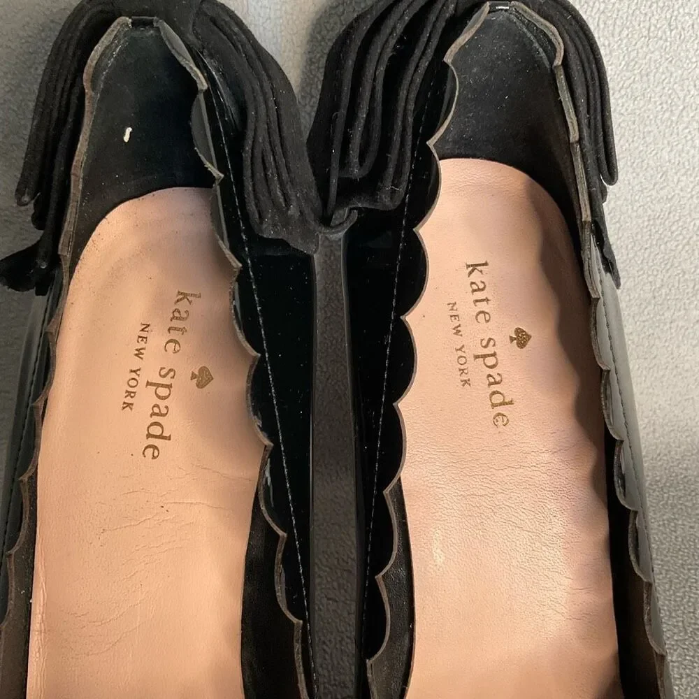 Kate Spade Pointed Heels Maxine Black Patent Leather Scallops Bows Stilettos 10M